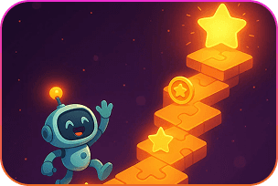 Robot walks up the steps to the star